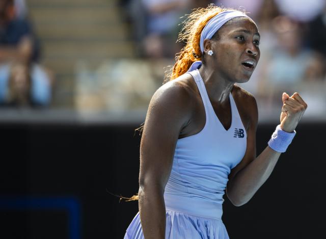 (260125) -- MELBOURNE, Jan. 25, 2026 (Xinhua) -- Coco Gauff celebrates scoring during the women's singles 4th round match between Coco Gauff of the United States and Karolina Muchova of the Czech Republic at the Australian Open tennis tournament in Melbourne, Australia, Jan. 25, 2026. (Photo by Hu Jingchen/Xinhua)
