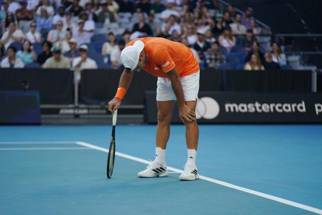 (260125) -- MELBOURNE, Jan. 25, 2026 (Xinhua) -- Francisco Cerundolo reacts during the men's singles 4th round match between Alexander Zverev of Germany and Francisco Cerundolo of Argentina at the Australian Open tennis tournament in Melbourne, Australia, Jan. 25, 2026. (Photo by Wang Shen/Xinhua)