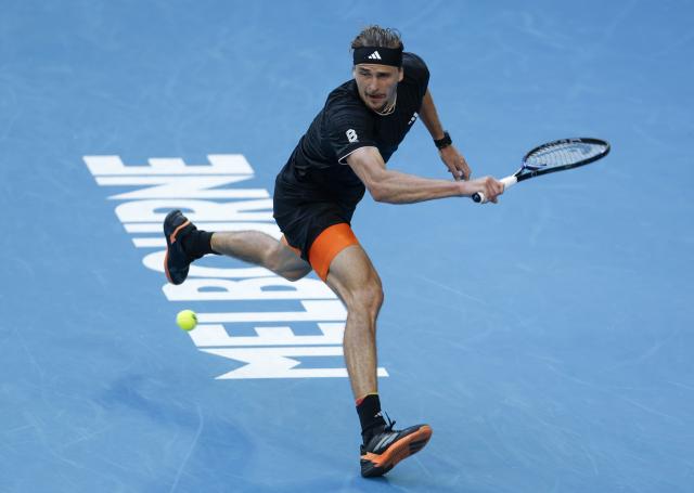 (260125) -- MELBOURNE, Jan. 25, 2026 (Xinhua) -- Alexander Zverev hits a return during the men's singles 4th round match between Alexander Zverev of Germany and Francisco Cerundolo of Argentina at the Australian Open tennis tournament in Melbourne, Australia, Jan. 25, 2026. (Xinhua/Ma Ping)