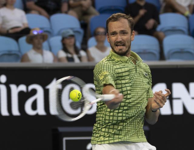 (260125) -- MELBOURNE, Jan. 25, 2026 (Xinhua) -- Daniil Medvedev hits a return during the men's singles 4th round match between Daniil Medvedev of Russia and Learner Tien of the United States at the Australian Open tennis tournament in Melbourne, Australia, Jan. 25, 2026. (Photo by Hu Jingchen/Xinhua)