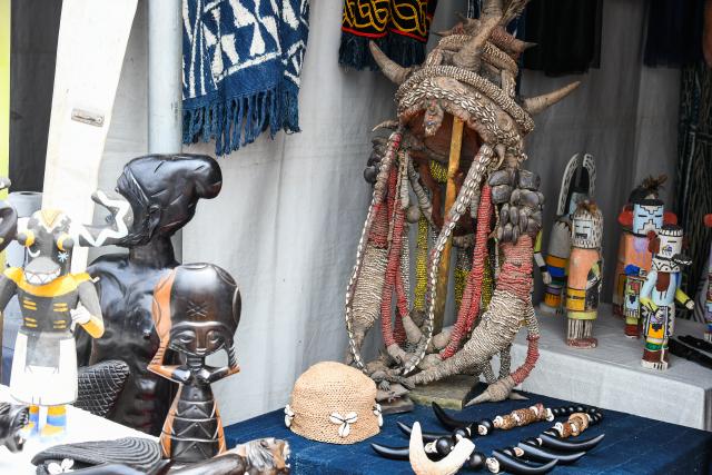 (260125) -- YAOUNDE, Jan. 25, 2026 (Xinhua) -- Traditional head decorations are displayed during a celebration for the World Day for African and Afrodescendant Culture in Yaounde, Cameroon, Jan. 24, 2026. The World Day for African and Afrodescendant Culture was designated by the UNESCO in 2019 and is observed every year on Jan. 24. (Xinhua/Kepseu)