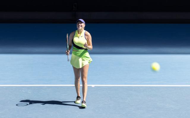 (260126) -- MELBOURNE, Jan. 26, 2026 (Xinhua) -- Amanda Anisimova of the United States celebrates after the women's singles 4th round match between Wang Xinyu of China and Amanda Anisimova of the United States at the Australian Open tennis tournament in Melbourne, Australia, Jan. 26, 2026. (Photo by Hu Jingchen/Xinhua)