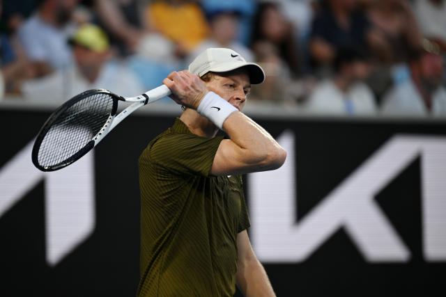 (260126) -- MELBOURNE, Jan. 26, 2026 (Xinhua) -- Jannik Sinner reacts during the men's singles 4th round match between Luciano Darderi of Italy and Jannik Sinner of Italy at the Australian Open tennis tournament in Melbourne, Australia, Jan. 26, 2026. (Photo by Wang Shen/Xinhua)