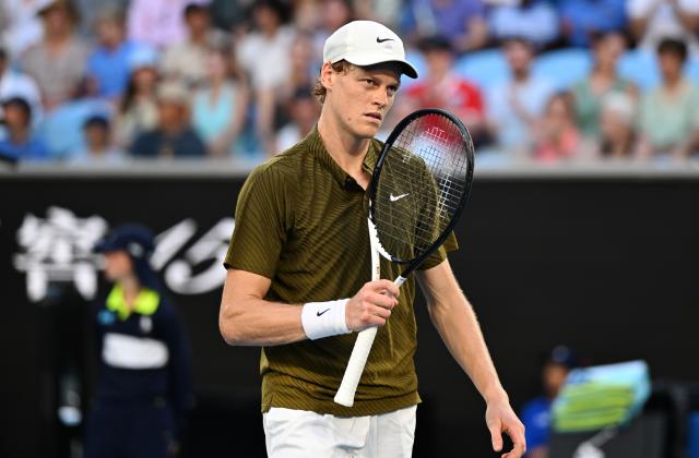 (260126) -- MELBOURNE, Jan. 26, 2026 (Xinhua) -- Jannik Sinner reacts during the men's singles 4th round match between Luciano Darderi of Italy and Jannik Sinner of Italy at the Australian Open tennis tournament in Melbourne, Australia, Jan. 26, 2026. (Photo by Wang Shen/Xinhua)