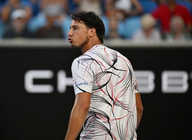 (260126) -- MELBOURNE, Jan. 26, 2026 (Xinhua) -- Luciano Darderi reacts during the men's singles 4th round match between Luciano Darderi of Italy and Jannik Sinner of Italy at the Australian Open tennis tournament in Melbourne, Australia, Jan. 26, 2026. (Photo by Wang Shen/Xinhua)
