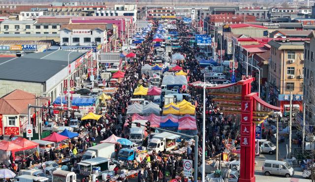 (260126) -- TIANJIN, Jan. 26, 2026 (Xinhua) -- A drone photo taken on Jan. 26, 2026 shows an open air market during the Laba Festival in Tianjin, north China. This year's Laba Festival falls on Monday, coinciding with the opening of the Lutai Market in Tianjin. The market features traditional activities such as free distribution of Laba porridge, calligraphy of the character "Fu" for blessings, and a village chef competition, attracting numerous residents from surrounding areas. (Xinhua/Sun Fanyue)