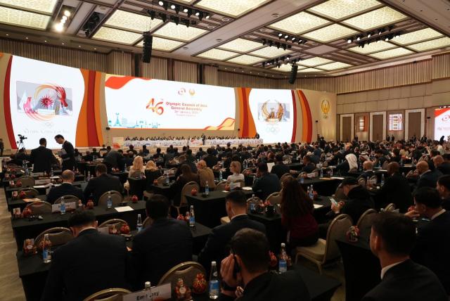 (260126) -- TASHKENT, Jan. 26, 2026 (Xinhua) -- This photo taken on Jan. 26, 2026 shows the 46th General Assembly of the Olympic Council of Asia (OCA) in Tashkent, Uzbekistan. (Photo by Zafar Khalilov/Xinhua)