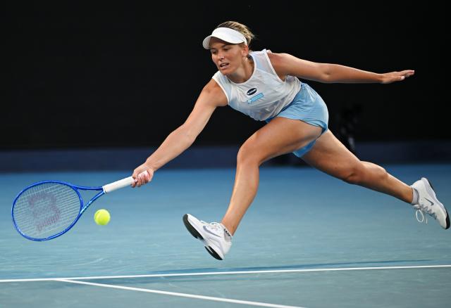 (260126) -- MELBOURNE, Jan. 26, 2026 (Xinhua) -- Maddison Inglis hits a return during the women's singles 4th round match between Maddison Inglis of Australia and Iga Swiatek of Poland at the Australian Open tennis tournament in Melbourne, Australia, Jan. 26, 2026. (Photo by Wang Shen/Xinhua)