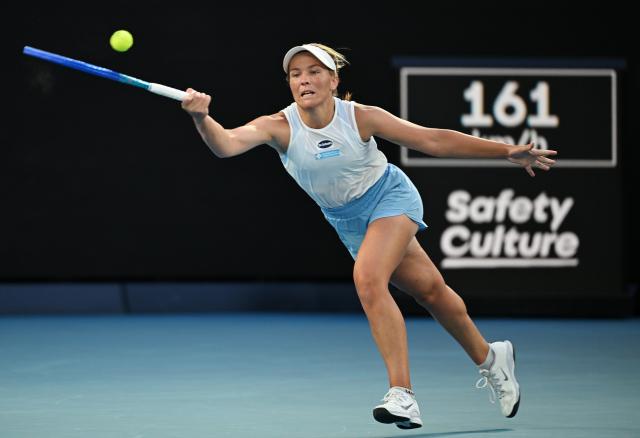 (260126) -- MELBOURNE, Jan. 26, 2026 (Xinhua) -- Maddison Inglis hits a return during the women's singles 4th round match between Maddison Inglis of Australia and Iga Swiatek of Poland at the Australian Open tennis tournament in Melbourne, Australia, Jan. 26, 2026. (Photo by Wang Shen/Xinhua)
