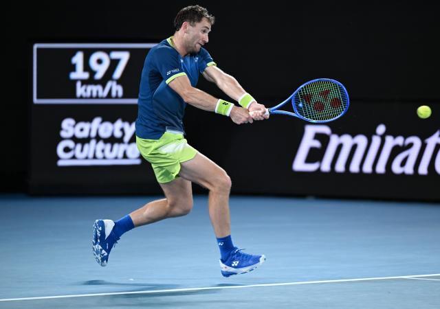 (260126) -- MELBOURNE, Jan. 26, 2026 (Xinhua) -- Casper Ruud hits a return during the men's singles 4th round match between Ben Shelton of the United States and Casper Ruud of Norway at the Australian Open tennis tournament in Melbourne, Australia, Jan. 26, 2026. (Photo by Wang Shen/Xinhua)