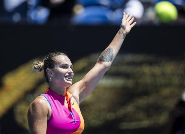 (260127) -- MELBOURNE, Jan. 27, 2026 (Xinhua) -- Aryna Sabalenka of Belarus greets the spectators after the women's singles quarterfinal match between Aryna Sabalenka of Belarus and Iva Jovic of the United States at the Australian Open tennis tournament in Melbourne, Australia, Jan. 27, 2026. (Photo by Hu Jingchen/Xinhua)