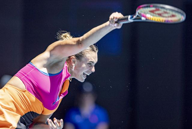 (260127) -- MELBOURNE, Jan. 27, 2026 (Xinhua) -- Aryna Sabalenka of Belarus serves during the women's singles quarterfinal match between Aryna Sabalenka of Belarus and Iva Jovic of the United States at the Australian Open tennis tournament in Melbourne, Australia, Jan. 27, 2026. (Photo by Hu Jingchen/Xinhua)