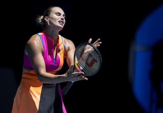 (260127) -- MELBOURNE, Jan. 27, 2026 (Xinhua) -- Aryna Sabalenka of Belarus reacts during the women's singles quarterfinal match between Aryna Sabalenka of Belarus and Iva Jovic of the United States at the Australian Open tennis tournament in Melbourne, Australia, Jan. 27, 2026. (Photo by Hu Jingchen/Xinhua)