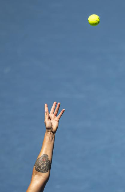 (260127) -- MELBOURNE, Jan. 27, 2026 (Xinhua) -- Aryna Sabalenka of Belarus serves during the women's singles quarterfinal match between Aryna Sabalenka of Belarus and Iva Jovic of the United States at the Australian Open tennis tournament in Melbourne, Australia, Jan. 27, 2026. (Photo by Hu Jingchen/Xinhua)