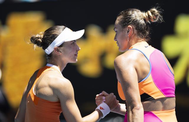 (260127) -- MELBOURNE, Jan. 27, 2026 (Xinhua) -- Aryna Sabalenka (R) of Belarus greets Iva Jovic of the United States after their women's singles quarterfinal match at the Australian Open tennis tournament in Melbourne, Australia, Jan. 27, 2026. (Photo by Hu Jingchen/Xinhua)