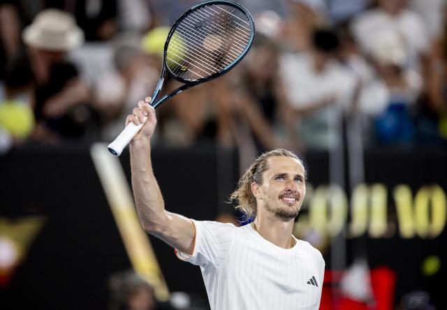 (260127) -- MELBOURNE, Jan. 27, 2026 (Xinhua) -- Alexander Zverev of Germany celebrates winning after the men's singles quarterfinal match between Alexander Zverev of Germany and Learner Tien of the United States at the Australian Open tennis tournament in Melbourne, Australia, Jan. 27, 2026. (Photo by Hu Jingchen/Xinhua)