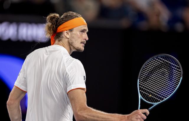 (260127) -- MELBOURNE, Jan. 27, 2026 (Xinhua) -- Alexander Zverev of Germany celebrates scoring during the men's singles quarterfinal match between Alexander Zverev of Germany and Learner Tien of the United States at the Australian Open tennis tournament in Melbourne, Australia, Jan. 27, 2026. (Photo by Hu Jingchen/Xinhua)