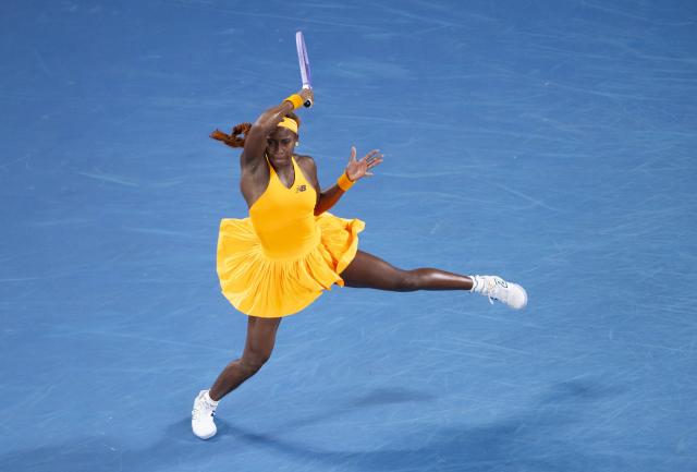 (260127) -- MELBOURNE, Jan. 27, 2026 (Xinhua) -- Coco Gauff hits a return during the women's singles quarterfinal match between Coco Gauff of the United States and Elina Svitolina of Ukraine at the Australian Open tennis tournament in Melbourne, Australia, Jan. 27, 2026. (Photo by Hu Jingchen/Xinhua)