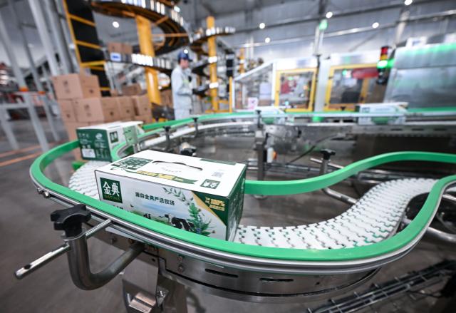 (260127) -- WUZHONG, Jan. 27, 2026 (Xinhua) -- This photo taken on Jan. 27, 2026 shows the packaging workshop of Yili in Wuzhong, northwest China's Ningxia Hui Autonomous Region. In recent years, Wuzhong City has significantly enhanced the scale, standardization and intensification of its dairy industry. The Jinji industrial park in Wuzhong has attracted a cluster of renowned dairy enterprises, with a daily capacity of processing fresh raw milk reaching 6,400 tons, accounting for over 53 percent of the total processing capacity in Ningxia. (Xinhua/Feng Kaihua)