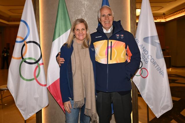 (260127) -- MILAN, Jan. 27, 2026 (Xinhua) -- Giovanni Malago (R), President of the Milano Cortina 2026 Organizing Committee, poses with Kirsty Coventry, President of International Olympic Committee (IOC), after arrival at the hotel of the Olympic Family ahead of Milano Cortina 2026 Olympic Games in Milan, Italy, on Jan. 27, 2026. (Photo by Piero Cruciatti/Pool Photo via AFP)