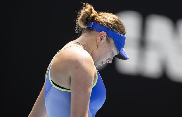 (260128) -- MELBOURNE, Jan. 28, 2026 (Xinhua) -- Amanda Anisimova reacts during the women's singles quarterfinal match between Jessica Pegula of the United States and Amanda Anisimova of the United States at the Australian Open tennis tournament in Melbourne, Australia, Jan. 28, 2026. (Photo by Hu Jingchen/Xinhua)