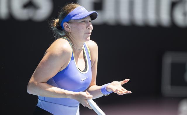 (260128) -- MELBOURNE, Jan. 28, 2026 (Xinhua) -- Amanda Anisimova reacts during the women's singles quarterfinal match between Jessica Pegula of the United States and Amanda Anisimova of the United States at the Australian Open tennis tournament in Melbourne, Australia, Jan. 28, 2026. (Photo by Hu Jingchen/Xinhua)