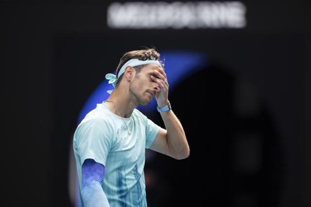 (260128) -- MELBOURNE, Jan. 28, 2026 (Xinhua) -- Lorenzo Musetti of Italy reacts during the men's singles quarterfinal match between Novak Djokovic of Serbia and Lorenzo Musetti of Italy at the Australian Open tennis tournament in Melbourne, Australia, Jan. 28, 2026. (Photo by Hu Jingchen/Xinhua)