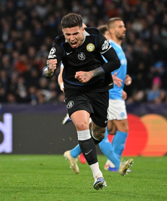 (260129) -- NAPLES, Jan. 29, 2026 (Xinhua) -- Chelsea's Enzo Fernandez celebrates his goal during the UEFA Champions League football match between Napoli and Chelsea in Naples, Italy, Jan. 28, 2025. (Photo by Alberto Lingria/Xinhua)