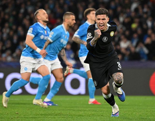 (260129) -- NAPLES, Jan. 29, 2026 (Xinhua) -- Chelsea's Enzo Fernandez celebrates his goal during the UEFA Champions League football match between Napoli and Chelsea in Naples, Italy, Jan. 28, 2025. (Photo by Alberto Lingria/Xinhua)