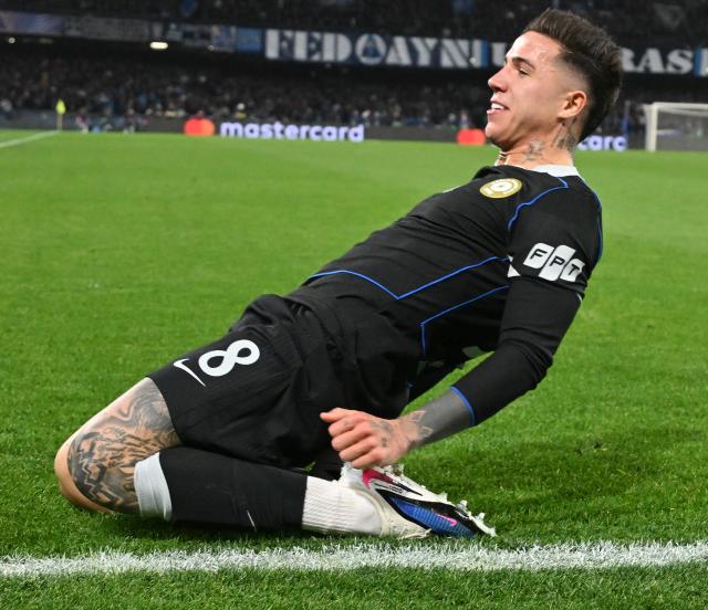 (260129) -- NAPLES, Jan. 29, 2026 (Xinhua) -- Chelsea's Enzo Fernandez celebrates his goal during the UEFA Champions League football match between Napoli and Chelsea in Naples, Italy, Jan. 28, 2025. (Photo by Alberto Lingria/Xinhua)