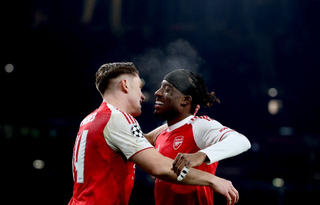 (260129) -- LONDON, Jan. 29, 2026 (Xinhua) -- Arsenal's Viktor Gyokeres (L) celebrates scoring with teammate Noni Madueke during the UEFA Champions League football match between Arsenal and Kairat Almaty in London, Britain, Jan. 28, 2026. (Xinhua/Li Ying)