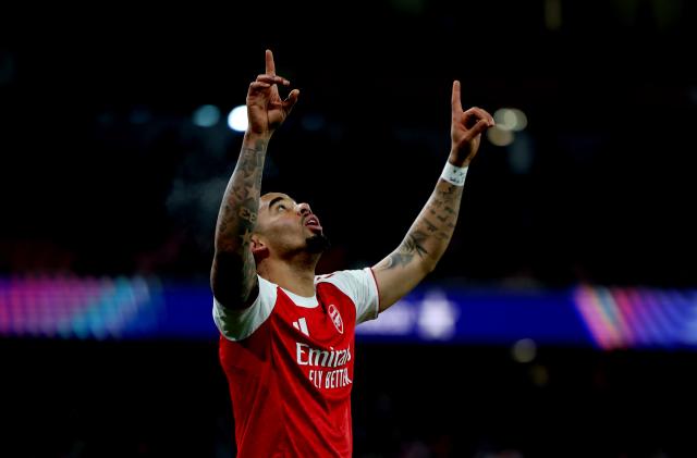 (260129) -- LONDON, Jan. 29, 2026 (Xinhua) -- Arsenal's Gabriel Jesus celebrates scoring a goal during the UEFA Champions League football match between Arsenal and Kairat Almaty in London, Britain, Jan. 28, 2026. (Xinhua/Li Ying)