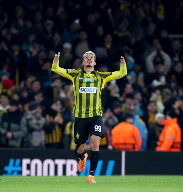 (260129) -- LONDON, Jan. 29, 2026 (Xinhua) -- Kairat's Ricardinho scores his side's second goal during the UEFA Champions League football match between Arsenal and Kairat Almaty in London, Britain, Jan. 28, 2026. (Xinhua/Li Ying)
