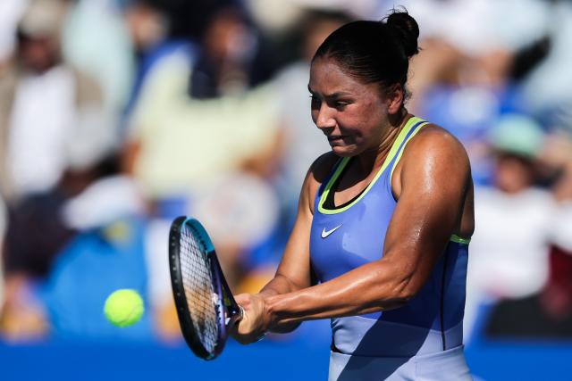 (260129) -- MANILA, Jan. 29, 2026 (Xinhua) -- Sofia Costoulas hits a return during the women's singles quarterfinal match between Tatiana Prozorova of Russia and Sofia Costoulas of Belgium at the WTA Philippine Women's Open in Manila, the Philippines, Jan. 29, 2026. (Xinhua/Rouelle Umali)