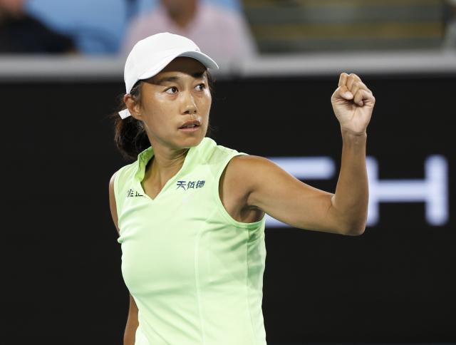 (260129) -- MELBOURNE, Jan. 29, 2026 (Xinhua) -- Zhang Shuai reacts after the women's doubles semifinal match between Zhang Shuai (China)/Elise Mertens (Belgium) and Shibahara Ena (Japan)/Vera Zvonareva (Russia) at the Australian Open tennis tournament in Melbourne, Australia, Jan. 29, 2026. (Xinhua/Ma Ping)