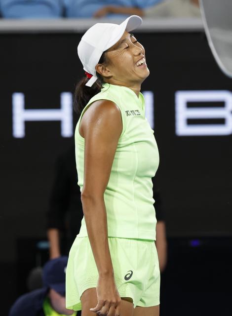 (260129) -- MELBOURNE, Jan. 29, 2026 (Xinhua) -- Zhang Shuai reacts during the women's doubles semifinal match between Zhang Shuai (China)/Elise Mertens (Belgium) and Shibahara Ena (Japan)/Vera Zvonareva (Russia) at the Australian Open tennis tournament in Melbourne, Australia, Jan. 29, 2026. (Xinhua/Ma Ping)