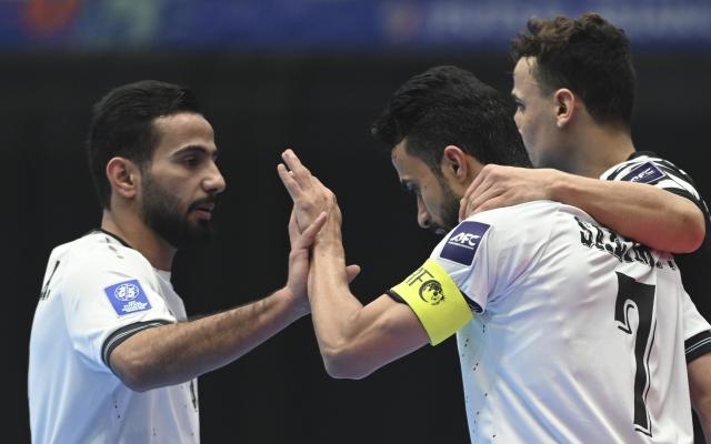 (260129) -- JAKARTA, Jan. 29, 2026 (Xinhua) -- Salim Faisal Al-Husaynat (C) of Iraq celebrates his goal during the group A match between South Korea and Iraq at the AFC Futsal Asian Cup 2026 in Jakarta, Indonesia, Jan. 29, 2026. (Xinhua/Zulkarnain)
