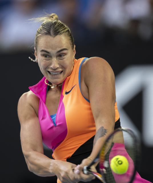 (260129) -- MELBOURNE, Jan. 29, 2026 (Xinhua) -- Aryna Sabalenka hits a return during the women's singles semifinal match between Aryna Sabalenka of Belarus and Elina Svitolina of Ukraine at the Australian Open tennis tournament in Melbourne, Australia, Jan. 29, 2026. (Photo by Hu Jingchen/Xinhua)