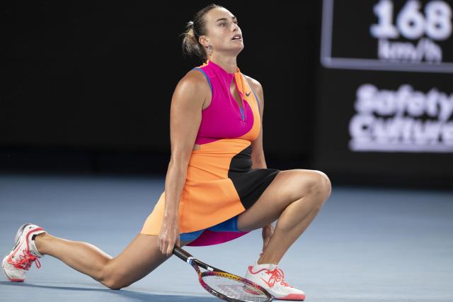(260129) -- MELBOURNE, Jan. 29, 2026 (Xinhua) -- Aryna Sabalenka is seen during the women's singles semifinal match between Aryna Sabalenka of Belarus and Elina Svitolina of Ukraine at the Australian Open tennis tournament in Melbourne, Australia, Jan. 29, 2026. (Photo by Hu Jingchen/Xinhua)