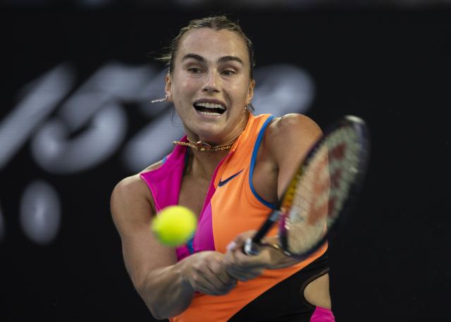 (260129) -- MELBOURNE, Jan. 29, 2026 (Xinhua) -- Aryna Sabalenka hits a return during the women's singles semifinal match between Aryna Sabalenka of Belarus and Elina Svitolina of Ukraine at the Australian Open tennis tournament in Melbourne, Australia, Jan. 29, 2026. (Photo by Hu Jingchen/Xinhua)