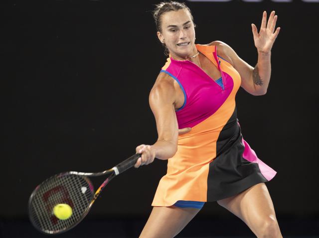 (260129) -- MELBOURNE, Jan. 29, 2026 (Xinhua) -- Aryna Sabalenka hits a return during the women's singles semifinal match between Aryna Sabalenka of Belarus and Elina Svitolina of Ukraine at the Australian Open tennis tournament in Melbourne, Australia, Jan. 29, 2026. (Photo by Hu Jingchen/Xinhua)