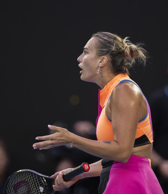 (260129) -- MELBOURNE, Jan. 29, 2026 (Xinhua) -- Aryna Sabalenka reacts during the women's singles semifinal match between Aryna Sabalenka of Belarus and Elina Svitolina of Ukraine at the Australian Open tennis tournament in Melbourne, Australia, Jan. 29, 2026. (Photo by Hu Jingchen/Xinhua)
