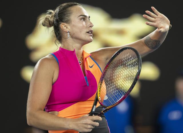 (260129) -- MELBOURNE, Jan. 29, 2026 (Xinhua) -- Aryna Sabalenka reacts after the women's singles semifinal match between Aryna Sabalenka of Belarus and Elina Svitolina of Ukraine at the Australian Open tennis tournament in Melbourne, Australia, Jan. 29, 2026. (Photo by Hu Jingchen/Xinhua)