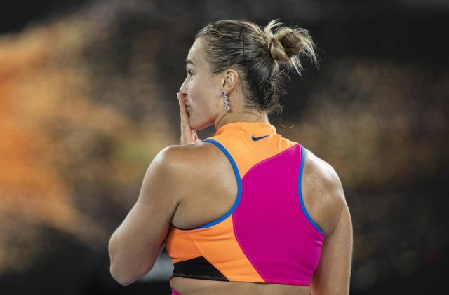 (260129) -- MELBOURNE, Jan. 29, 2026 (Xinhua) -- Aryna Sabalenka reacts after the women's singles semifinal match between Aryna Sabalenka of Belarus and Elina Svitolina of Ukraine at the Australian Open tennis tournament in Melbourne, Australia, Jan. 29, 2026. (Photo by Hu Jingchen/Xinhua)