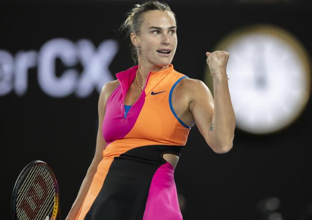 (260129) -- MELBOURNE, Jan. 29, 2026 (Xinhua) -- Aryna Sabalenka reacts after the women's singles semifinal match between Aryna Sabalenka of Belarus and Elina Svitolina of Ukraine at the Australian Open tennis tournament in Melbourne, Australia, Jan. 29, 2026. (Photo by Hu Jingchen/Xinhua)