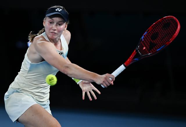 (260129) -- MELBOURNE, Jan. 29, 2026 (Xinhua) -- Elena Rybakina hits a return during the women's singles semifinal match between Jessica Pegula of the United States and Elena Rybakina of Kazakhstan at the Australian Open tennis tournament in Melbourne, Australia, Jan. 29, 2026. (Photo by Wang Shen/Xinhua)