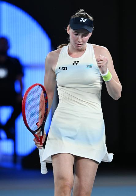 (260129) -- MELBOURNE, Jan. 29, 2026 (Xinhua) -- Elena Rybakina reacts during the women's singles semifinal match between Jessica Pegula of the United States and Elena Rybakina of Kazakhstan at the Australian Open tennis tournament in Melbourne, Australia, Jan. 29, 2026. (Photo by Wang Shen/Xinhua)