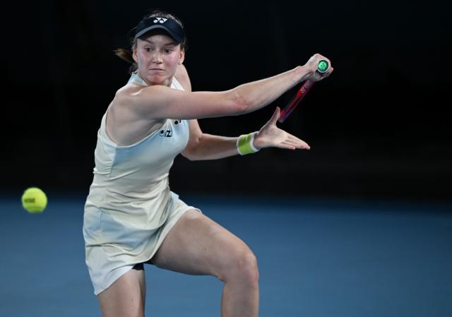 (260129) -- MELBOURNE, Jan. 29, 2026 (Xinhua) -- Elena Rybakina hits a return during the women's singles semifinal match between Jessica Pegula of the United States and Elena Rybakina of Kazakhstan at the Australian Open tennis tournament in Melbourne, Australia, Jan. 29, 2026. (Photo by Wang Shen/Xinhua)