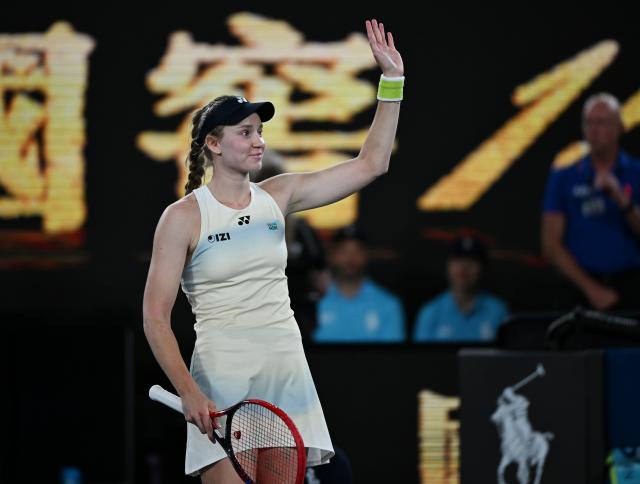 (260129) -- MELBOURNE, Jan. 29, 2026 (Xinhua) -- Elena Rybakina reacts after the women's singles semifinal match between Jessica Pegula of the United States and Elena Rybakina of Kazakhstan at the Australian Open tennis tournament in Melbourne, Australia, Jan. 29, 2026. (Photo by Wang Shen/Xinhua)