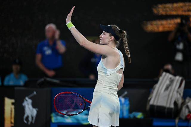 (260129) -- MELBOURNE, Jan. 29, 2026 (Xinhua) -- Elena Rybakina reacts after the women's singles semifinal match between Jessica Pegula of the United States and Elena Rybakina of Kazakhstan at the Australian Open tennis tournament in Melbourne, Australia, Jan. 29, 2026. (Photo by Wang Shen/Xinhua)